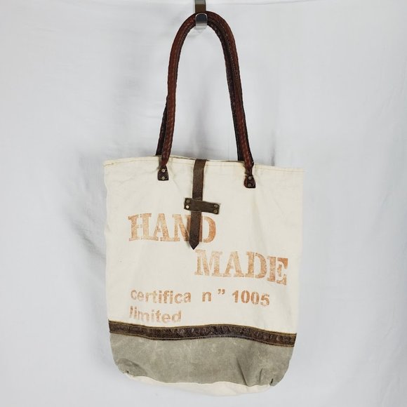 Handbags - Upcycled Canvas and Leather Tote Bag Hand Made Typography